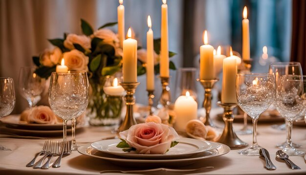 Photo a table with a plate with a rose and candles on it