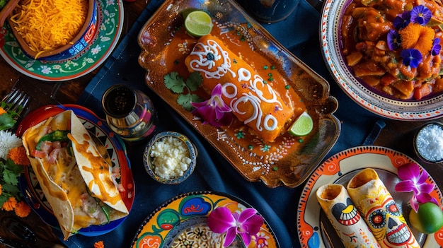 a table with plates and bowls with food on it