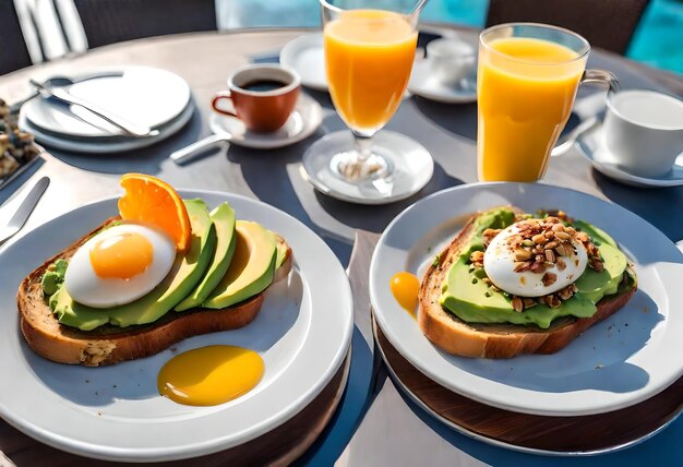 Photo a table with plates of breakfast food including eggs avocado avocado and orange juice