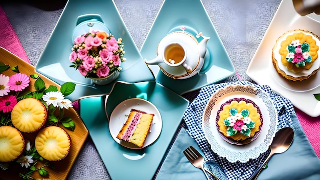 A table with plates of cakes and flowers on it