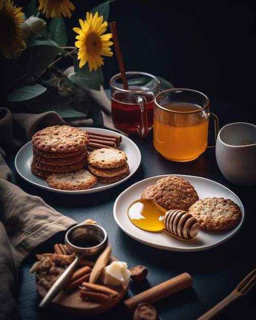 A table with plates of cookies and a cup of tea with a sunflower in the background.