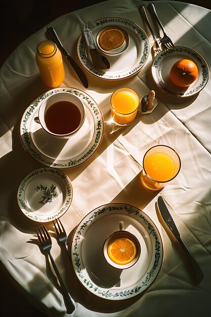 Photo a table with plates and cups of tea and orange juice