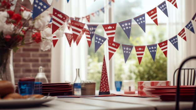 Photo a table with plates cups and a vase of flowers