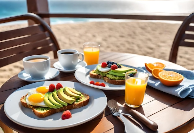 a table with plates of food and cups of coffee and a plate of fruit and a glass of orange juice