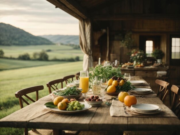 Foto un tavolo con piatti di cibo e bicchieri di succo sopra in un fienile