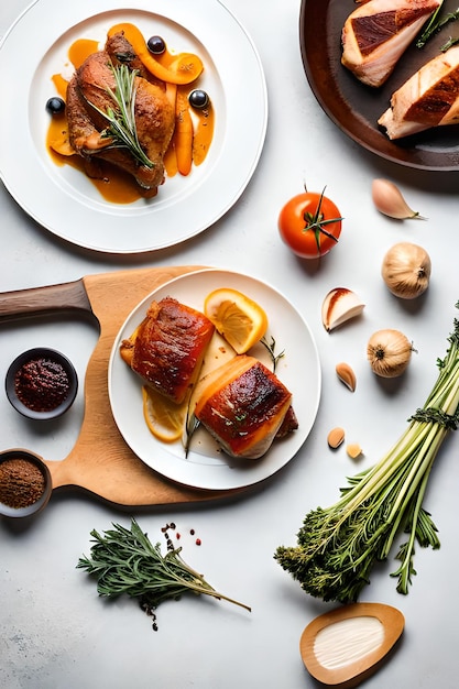 A table with plates of food including chicken, tomatoes, and garlic.