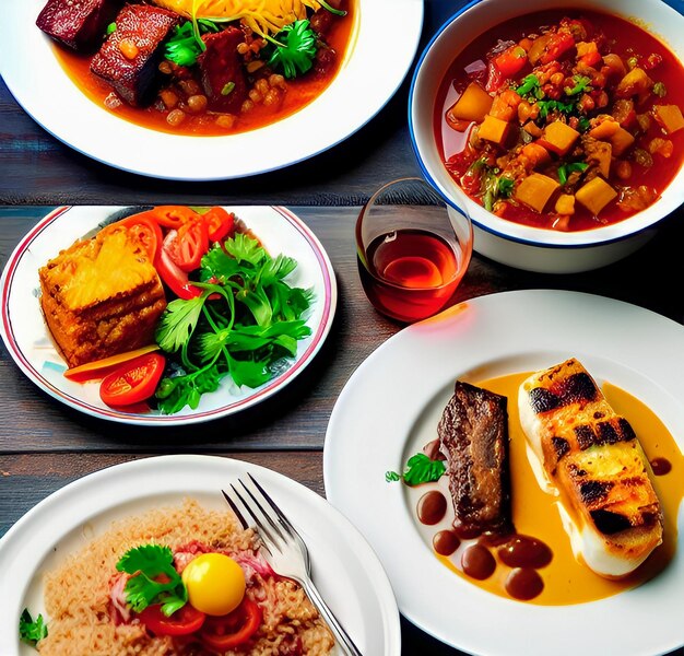 A table with plates of food including meat, rice, and vegetables.