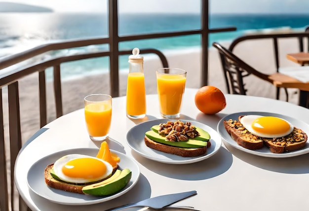 a table with plates of food including oranges avocado avocado and avocado