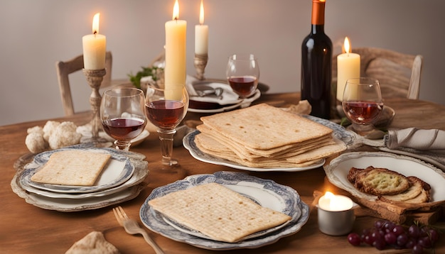 Photo a table with plates glasses and a bottle of wine on it