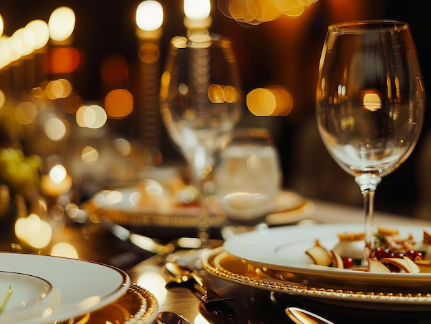 A table with plates and glasses set up for dinner