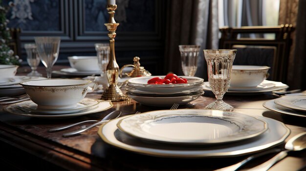 Photo a table with plates glasses and a table with a table with a table set for four