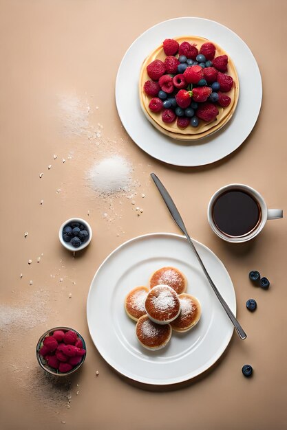 パンケーキの皿と一杯のコーヒーが置かれたテーブル