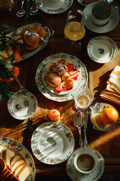 a table with plates plates and glasses of fruit on it