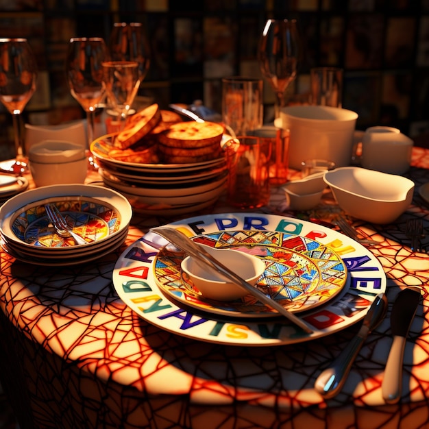 A table with plates, plates, glasses, and plates with the word