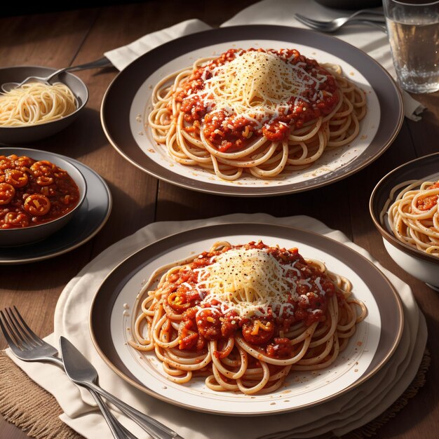 A table with plates of spaghetti and sauces