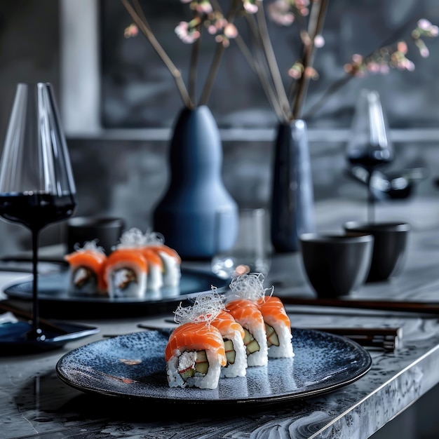 Photo a table with plates of sushi and a bottle of wine