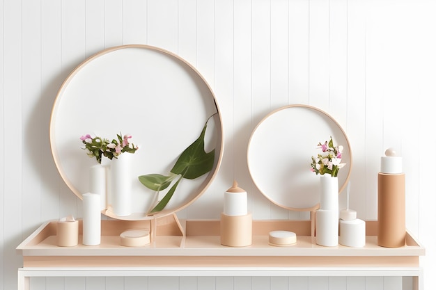 A table with plates and vases with flowers on it