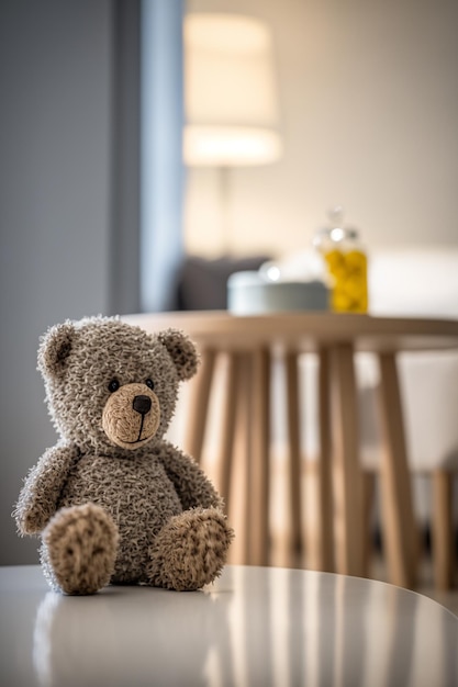 Photo table with a plush toy bear in the baby room generative ai