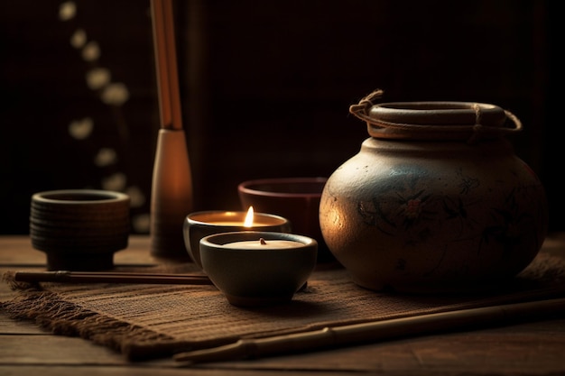 A table with a pot and candles on it