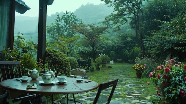 a table with a pot of flowers on it and a table with a pot of tea on it