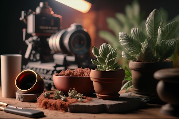 A table with pots of spices and a camera