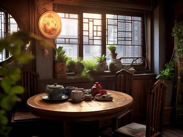 A table with a potted plant on it and a window with a chinese sign above it.