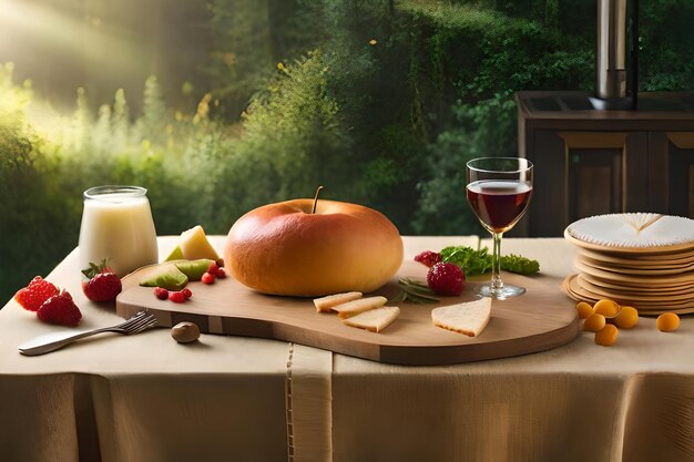 a table with a pumpkin and cheese and a glass of wine.