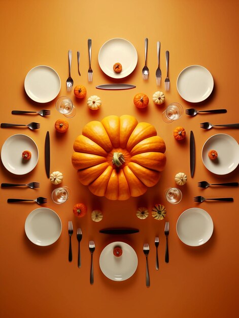 A table with a pumpkin and silverware on it