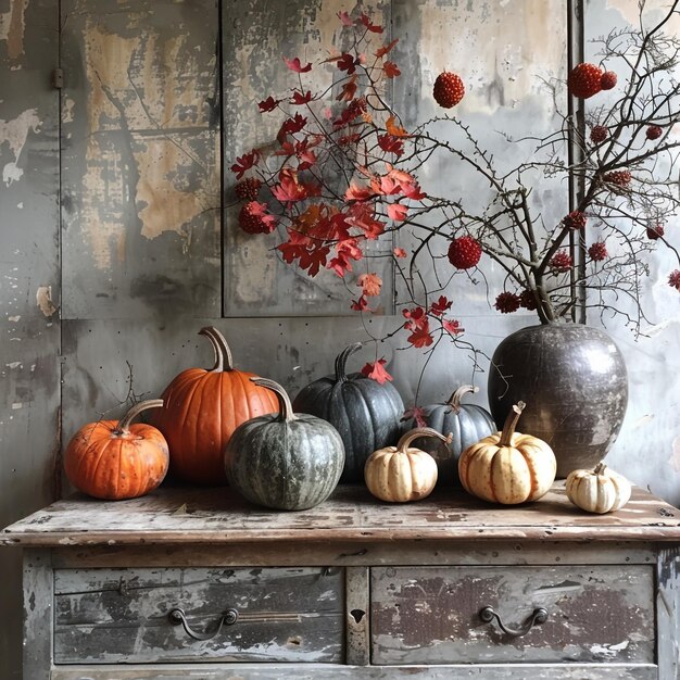 Photo a table with pumpkins and a bunch of leaves on it