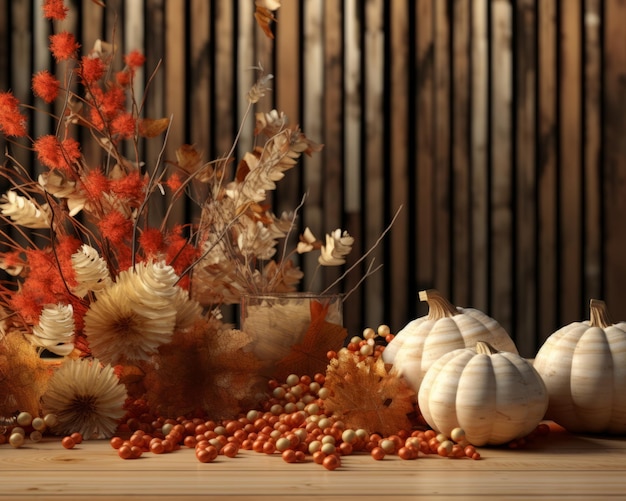 a table with pumpkins and flowers on it