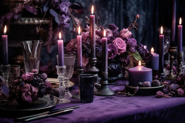 A table with purple candles and purple flowers.