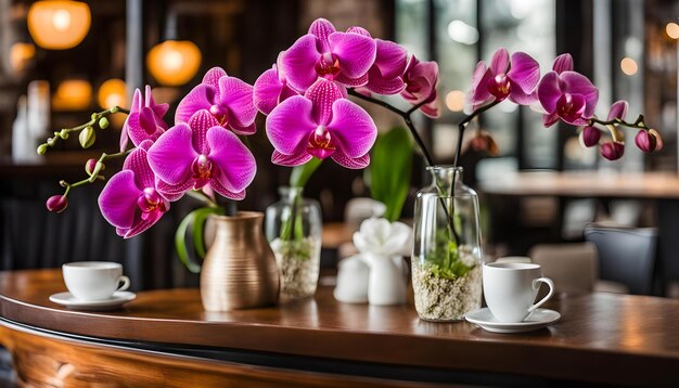 Foto un tavolo con orchidee viola e una tazza di caffè