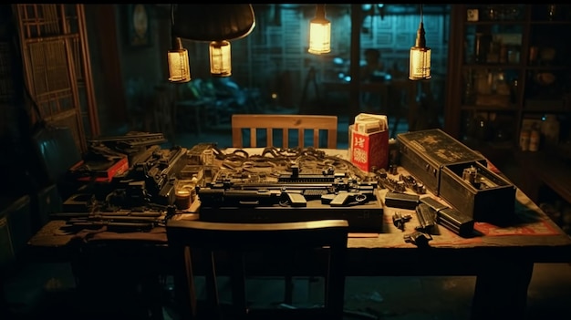 A table with a red milk container and a bunch of guns on it