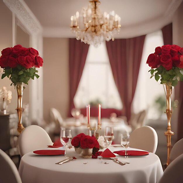 a table with red roses and candles on it