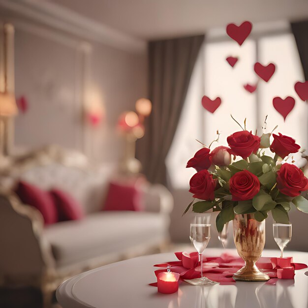 a table with red roses and candles on it