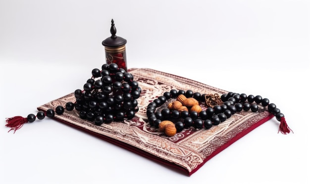 A table with a red rug and a black and gold tassels on it.