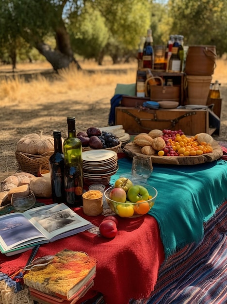 Foto un tavolo con una tovaglia rossa e bottiglie di vino e una bottiglia di vino.