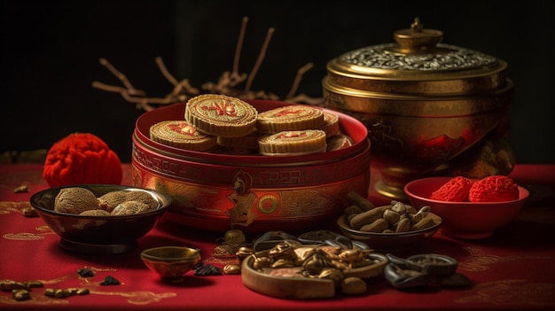 A table with a red tablecloth and a bowl of food and a bowl of food.