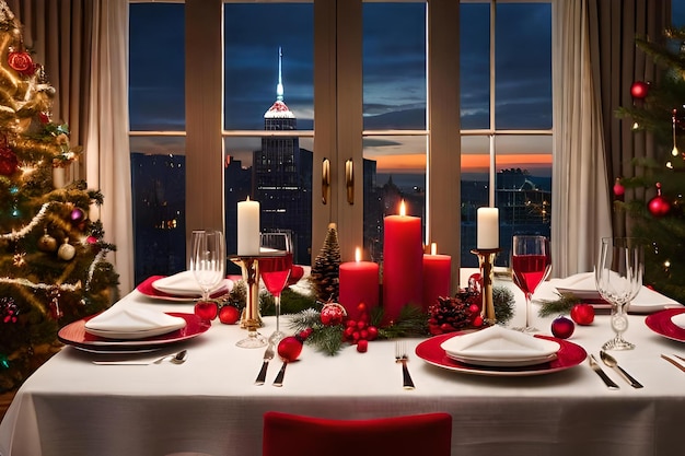 A table with a red tablecloth and a christmas tree and a red candle.