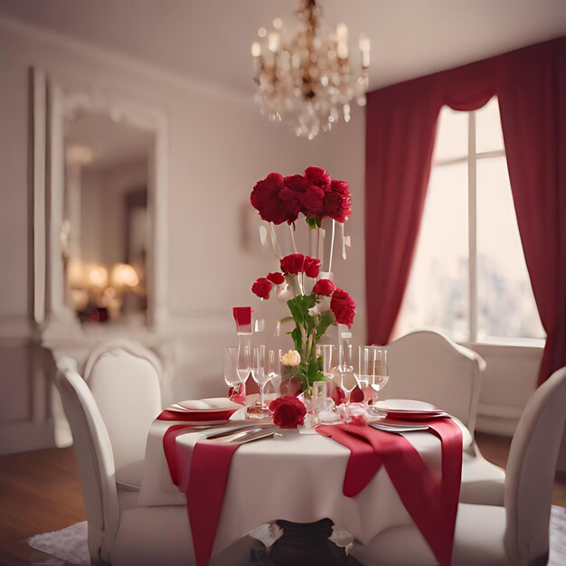 Photo a table with a red tablecloth and a flower arrangement on it