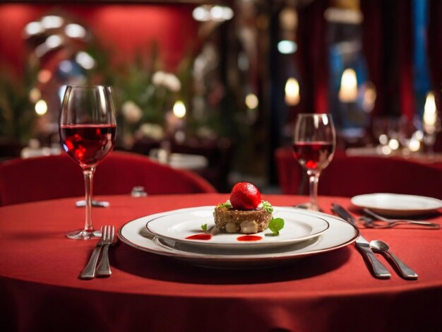 a table with a red tablecloth and two glasses of wine and a strawberry on it