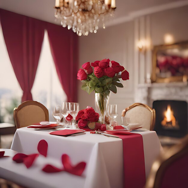 Photo a table with a red tablecloth and a vase of flowers on it