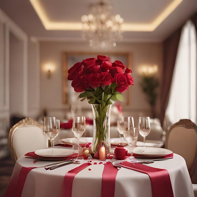 Photo a table with a red and white tablecloth with red roses on it