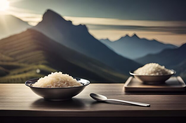 стол с рисом, миска с рисом и ложка с горой на заднем плане.