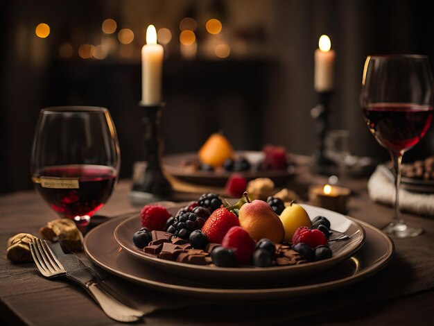 Photo table with romantic dinner by candlelight ai generated