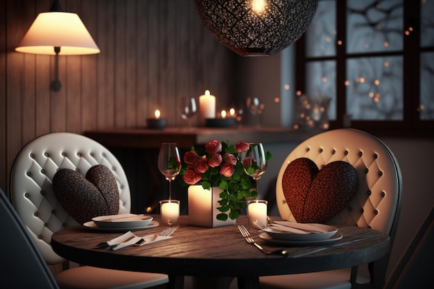 Table with romantic dinner restaurant table with Valentine's Day decor AI