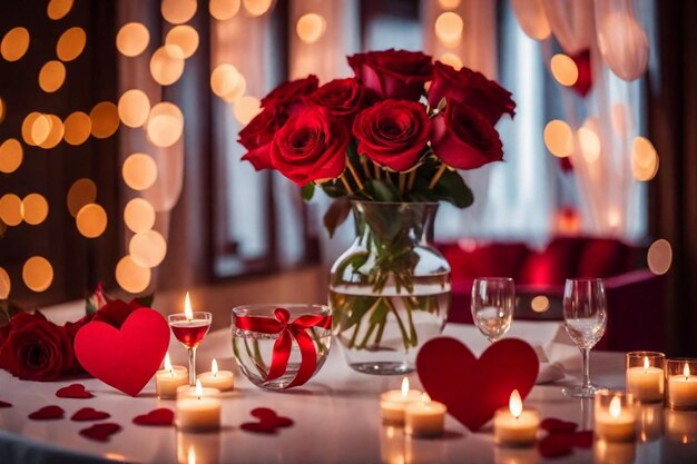 a table with roses and hearts and candles with hearts on it