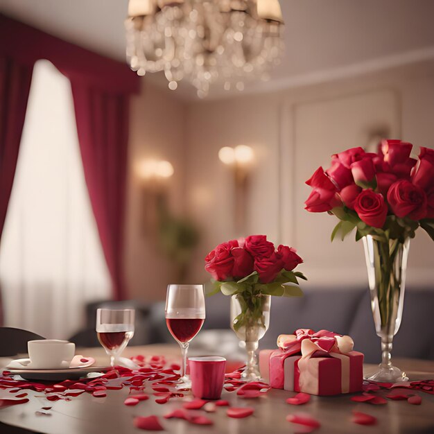 a table with roses and a vase of roses on it