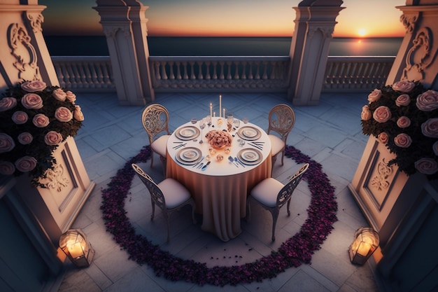 a table with a round table and chairs and a table with candles on it.