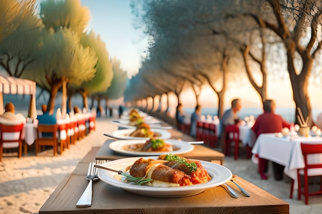 A table with a row of trees and a table with food on it